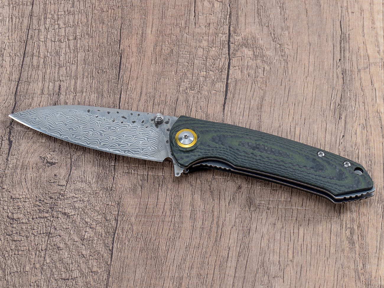 Damascus Steel Pocket Knife with G10 Handle and Pocket Clip